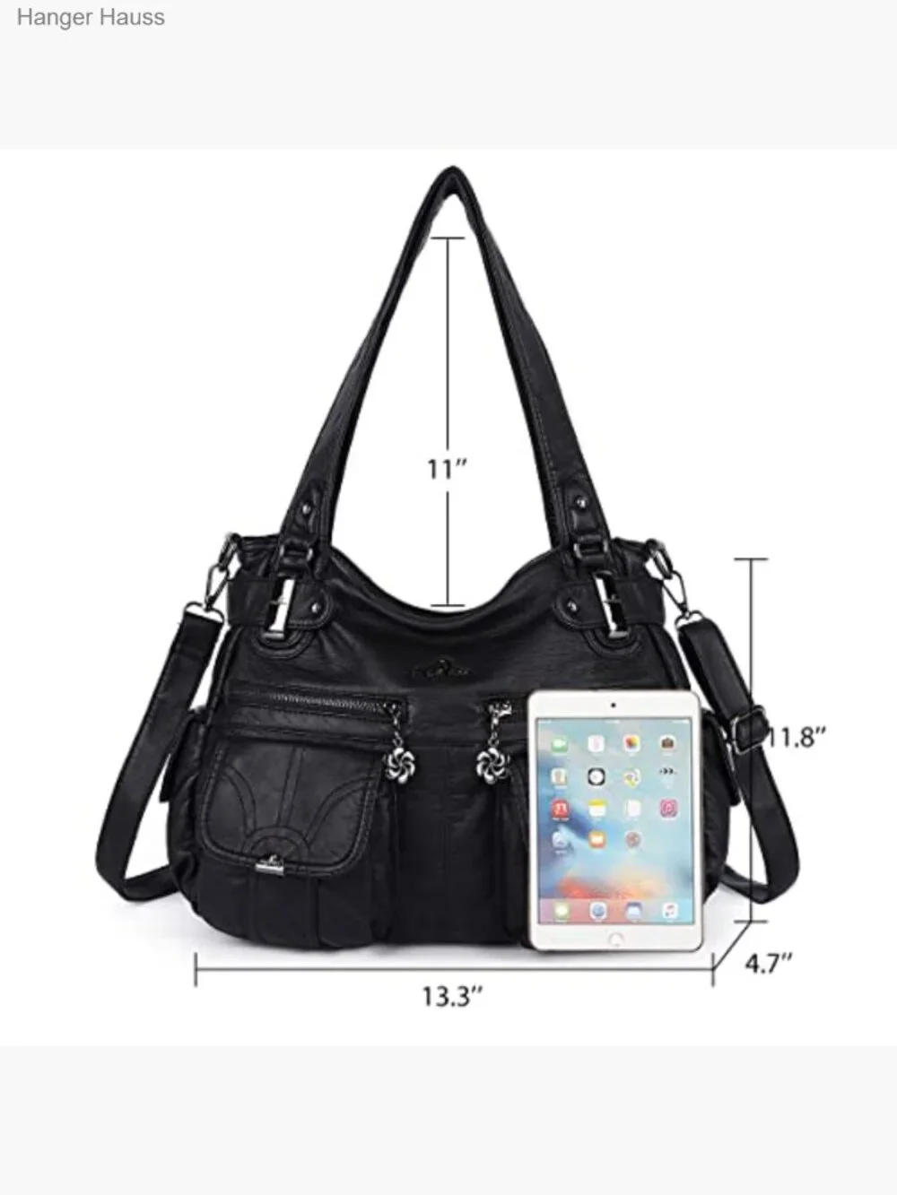 Large Hobo Handbag Double Zipper Multi Pocket Washed PU Leather Purse